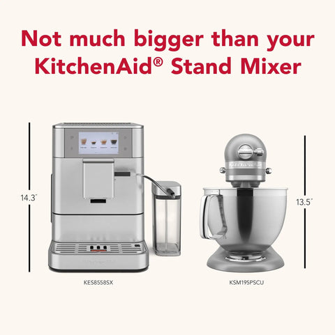 Sleek And Straight Up Fully Automatic Espresso Machine With Removable Bean Hopper One Touch Frothing System Forty Plus Barista Grade Cups Smooth Stainless Steel Housing For Daily Use alongside a KitchenAid Stand Mixer.