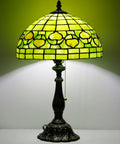 Tiffany Style Stained Glass Table Lamp With 12 Inch Shade And 19 Inch Tall Antique Bronze Base UL Listed Reading Light Pull Chain Easy Assembly Cozy Glow Vibe Green Apple Heart Pattern.