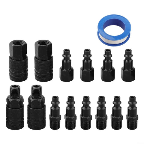 Top Shelf 15 Piece Air Hose Fitting Kit With Quick Connectors And Pneumatic Couplers For Compressor Tools Plus Black Steel Adapters And Tape; black steel 1/4 inch NPT fittings
