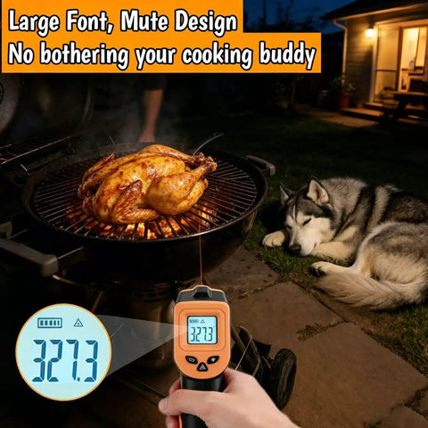 Digital Infrared Temperature Gun For Cooking With Backlit Display And Auto Shutoff, Shows Surface Temp Only, Reads From Minus 58 To 1022 Fahrenheit, Fast Accurate IR Temp Gun For Grilling, BBQ, Frying, Oven And Smoker. Handheld orange unit with display.
