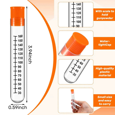 10 Pack Charge Tubes For Precision Quick Reloads Black Powder Accessories with measurement markings and orange caps