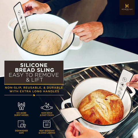 Silicone bread sling lifting sourdough from pot with non-slip, reusable handles, promoting easy and safe bread removal.
