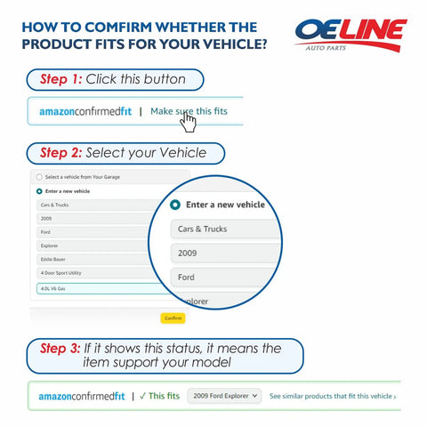 Steps to verify product fit for vehicle on Amazon with option to select car details and confirmation status bar.