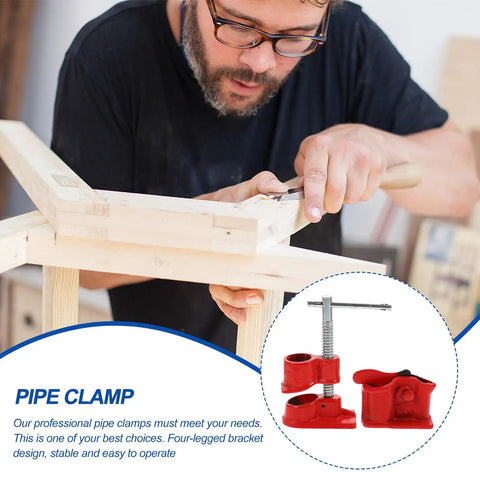 Man using lightweight three quarter inch carpenter clamp with quick release for woodworking on wooden project, red finish, inset image of clamp