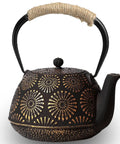 Tetsubin Style Cast Iron Teapot 40oz Enamel Coated Stovetop Kettle with floral design, braided handle, and stainless steel infuser.