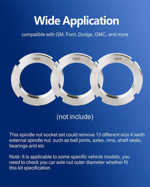 Garage Ready 13 Piece Axle Nut Socket Kit featuring Hella Tough Exterior, three spindle nut socket sizes KM08, KM09, KM10.