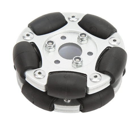 Mrisata 60mm aluminium omni wheel with six black rubber rollers, top view