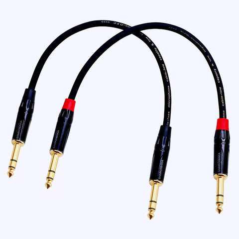 Gold Plated One Quarter Inch TRS Audio Cable One Foot Two Pack Professional Balanced Male To Male for studio gear use