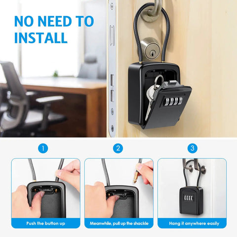 Outdoor Key Lock Box With 4-Digit Combination, wall-mounted safe box with removable chain showing key storage usage