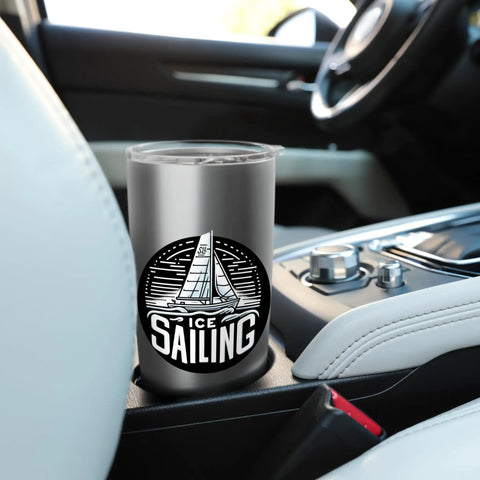Ice Sailing Thrill Seeker Insulated Stainless Steel Tumbler in a car cup holder, dual wall design for hot or cold drinks.