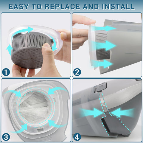 Step-by-step guide showing easy install of Dustbuster Handheld Vacuum Filter Replacement HNVCF10 for HNVC115 HNVC215 HNVC220.