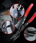 Heavy Duty Plastic Rivet Snap Pliers For Panel Clip Removal And Rivet Pulling, Universal Tool with red handles near car light