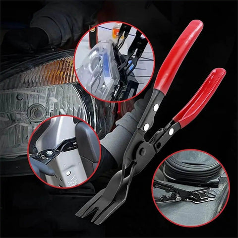 Heavy Duty Plastic Rivet Snap Pliers For Panel Clip Removal And Rivet Pulling, Universal Tool with red handles near car light