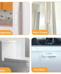 Straight Up Clear Cabinet Door Bumpers With Self Adhesive Silicone Rubber furniture pads on refrigerator, toilet, car door, and door frame.