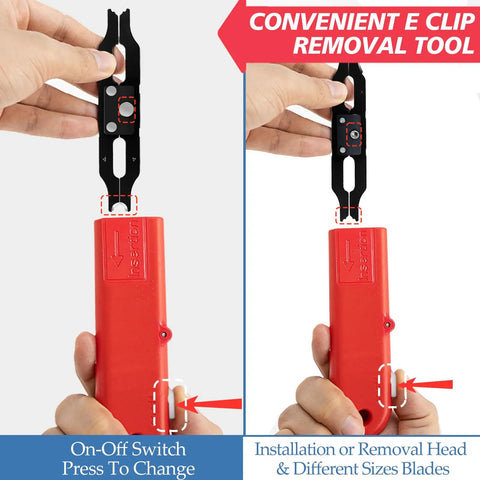 Pro Grade Clip Assortment Kit With Removal And Installation Tool 350 Pcs in hand, demonstrating tool with red handle and blades.