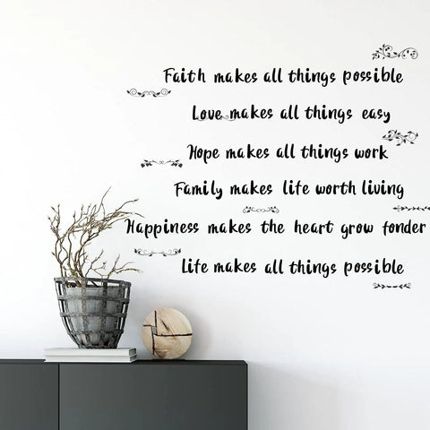 Black vinyl inspirational quotes on white wall with decorative elements