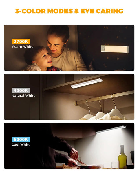 Under Cabinet Lights With Motion Sensor USB C Rechargeable LED Closet Lighting Kit showing three color modes in use