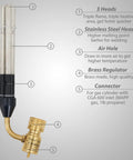 Diagram of Pro Grade Three Head MAPP And Propane Torch For Gas Welding with labeled parts including brass regulator and stainless steel head.