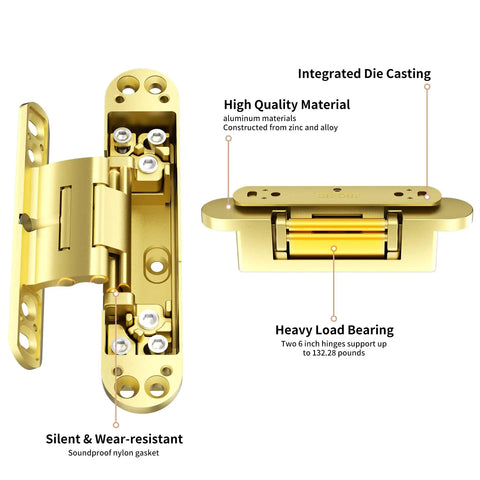 Rock Solid Heavy Duty 6 Inch Hidden Door Hinge With No Drama 3 Way Adjustment for precise adjustments and silent operation.