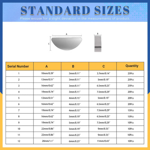 Top-Notch 205-Piece Woodruff Keys Assortment Kit size chart with 12 metric sizes, including dimensions and quantities.