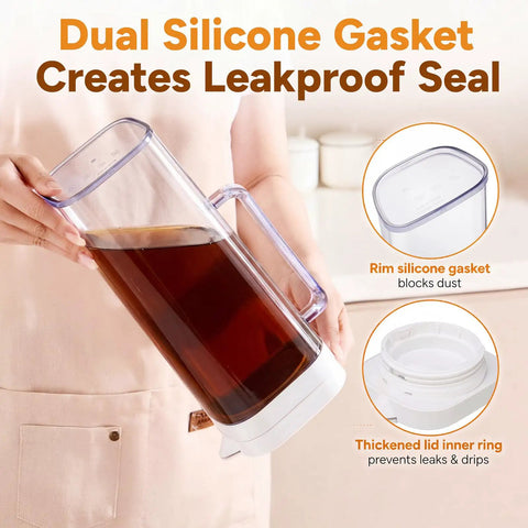 Person holding 64oz leakproof pitcher with lid from Two 64oz Leakproof Plastic Pitchers With Lids For Fridge Door set