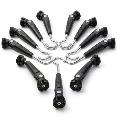 360 Degree Universal Painting Rack With No-Fuss Removable Hooks, black 12 pack, arranged in a semi-circle for cabinet drying.