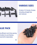 Front view of 113-piece nylon vacuum connector kit with assorted sizes for automotive vacuum lines.
