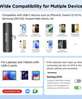 Wireless Lavalier Microphone For iPhone 15 16 17 And USB Type C With 4 Channel Recording Plug And Play Setup Noise Canceling Charging Case 18 Hour Playback image showcasing device compatibility including iPhone models and other brands.