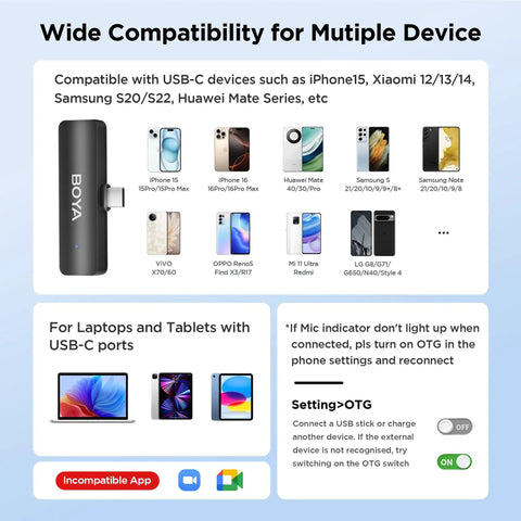 Wireless Lavalier Microphone For iPhone 15 16 17 And USB Type C With 4 Channel Recording Plug And Play Setup Noise Canceling Charging Case 18 Hour Playback image showcasing device compatibility including iPhone models and other brands.