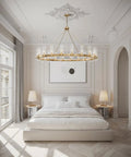 Gold Wagon Wheel Chandelier With Glass Shades, 20 Lights, 60 Inch Large Round Industrial Pendant Lighting in elegant bedroom