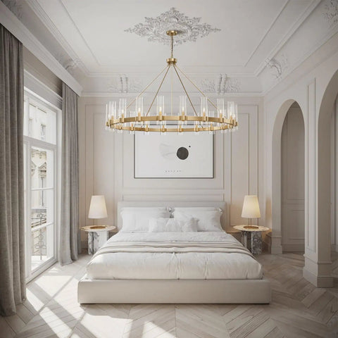 Gold Wagon Wheel Chandelier With Glass Shades, 20 Lights, 60 Inch Large Round Industrial Pendant Lighting in elegant bedroom