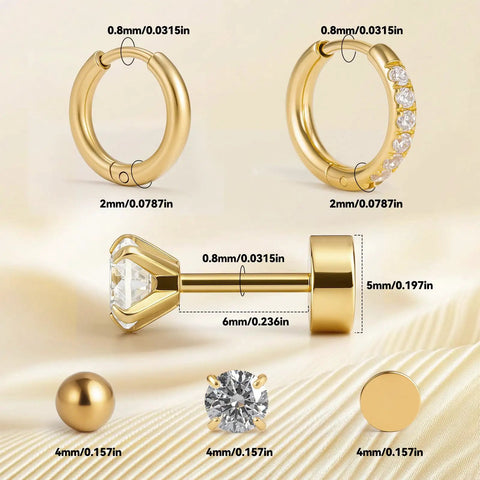 Hypoallergenic Flat Back Earrings Set For Women And Men With Multiple Piercings, 14K Gold Vacuum Plated 316L Stainless Steel Tiny Cubic Zirconia Studs And Cartilage Hoop Earrings, Unisex Gold CZ Hoop Plus Flat Back Stud; gold hoops and stud sizes shown