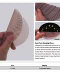 Kickstart Your Woodwork With These 5 Inch Mesh Sanding Discs, showing 5 inch mesh sanding disc held by hand, polyamide fabric, dust-free design.