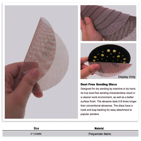 Kickstart Your Woodwork With These 5 Inch Mesh Sanding Discs, showing 5 inch mesh sanding disc held by hand, polyamide fabric, dust-free design.