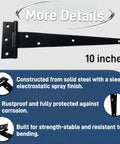10-inch T gate hinge heavy duty black strap design with rustproof finish and solid steel construction details shown.
