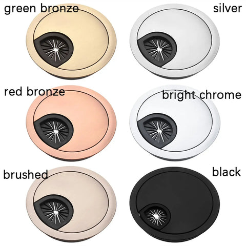 Premium Zinc Alloy Desk Grommet Kit With Rotatable Flip Top And Removable Center For 50 To 80 Mm Holes In Sleek Brushed Or Shiny Colors, Totally Rad For Managing Cables And Polishing Your Workspace Stylishly. six zinc alloy desk grommets in green bronze, silver, red bronze, bright chrome, brushed, and black