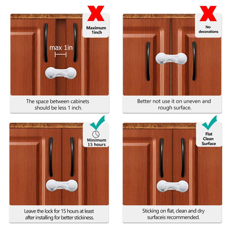 Diagram showing proper installation of Four Pack Child Safety Cabinet Locks For Baby Proofing Kitchen And Home on cabinet handles.