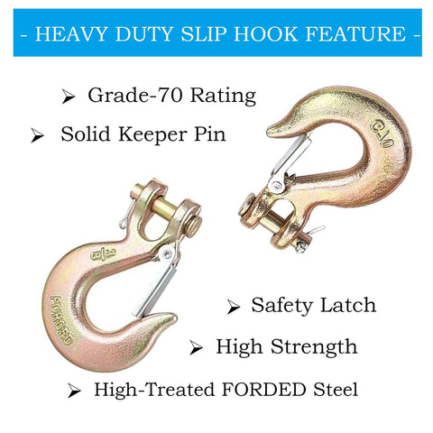 Heavy Duty Clevis Slip Hook Three Eighths Inch Grade 70 With Safety Latch, highlighting safety latch and Grade 70 rating.