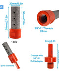Front view of 3-piece orange diamond beveling chamfer bit set with 5/8-11 adapter for ceramic tile