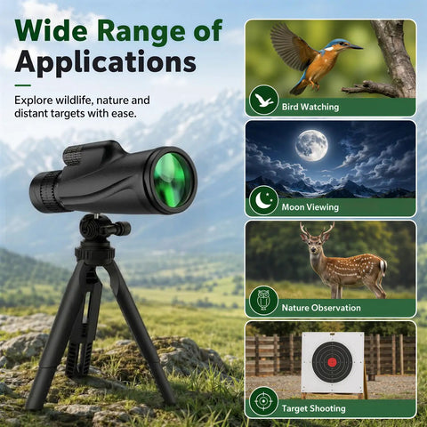 80x100 High Power Monocular With Smartphone Adapter For Adults Crystal Clear Bird Watching Scope Travel Camping Hiking Adjustable Zoom Lightweight Portable Long Range View For Nature Lovers And Outdoor Enthusiasts on tripod