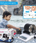 Child with Rock Tumbler Kit For Kids And Adults With 2 Belts, Bag Of Rough Stones, Four Coarse Grinding Grits, and Polishing Grits