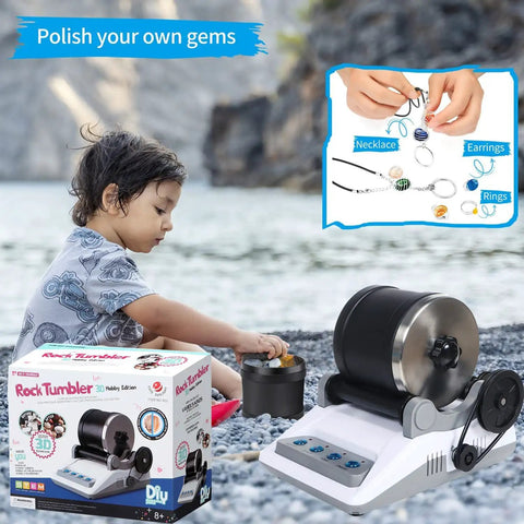 Child with Rock Tumbler Kit For Kids And Adults With 2 Belts, Bag Of Rough Stones, Four Coarse Grinding Grits, and Polishing Grits