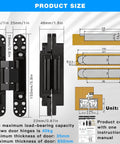 Diagram of Hidden Door Hinges 6 Inch Heavy Duty 2 Pack Concealed 3D Adjustable Butt Hinges with measurements and instructions