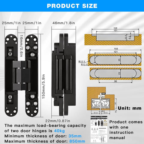 Diagram of Hidden Door Hinges 6 Inch Heavy Duty 2 Pack Concealed 3D Adjustable Butt Hinges with measurements and instructions