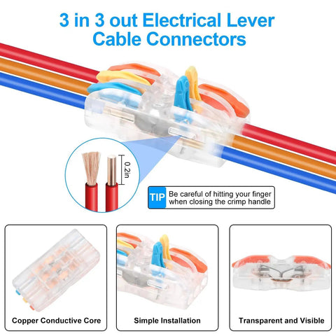 Close-up of Six Pack IP68 Waterproof Junction Boxes with 3 in 3 out lever wire connectors showing cable insertion and copper core.