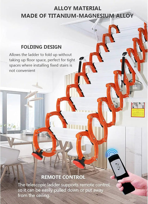 Electric Remote Control Attic Ladder Built With Titanium Magnesium Alloy showing folding design and remote control functionality.