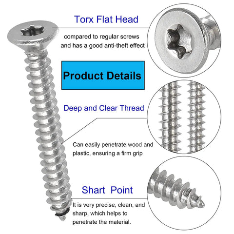 Built Like A Tank 125 Piece Torx Star Drive Flat Head Screw Set Featuring Heavy Duty 304 Stainless Steel with sharp point design.
