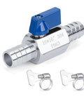 Top Notch Stainless Steel Double Barbed Ball Valve With Included Hose Clamps For Smooth Water Flow And No Sweat Install Grips PVC Vinyl Rubber Rock Solid High Pressure Performance, 16x16 inches valve design with blue handle.