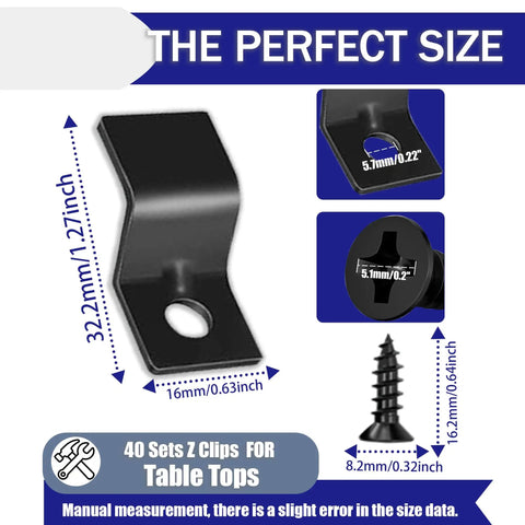 Heavy Duty Steel Z Clips For Table Tops With Matching Screws Easy Install Furniture Hardware close-up showing dimensions and details.