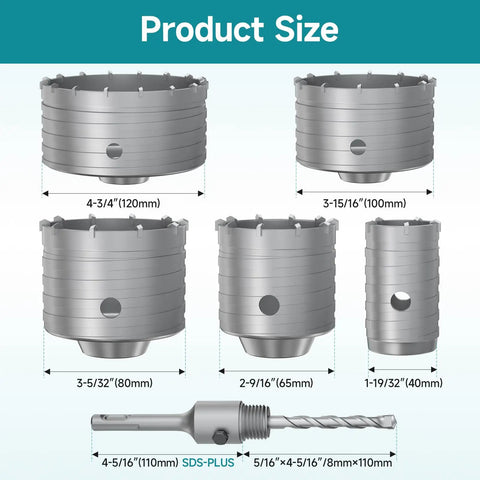 Boss Level 6 Piece Masonry Concrete Hole Saw Kit With Tungsten Carbide Segments And Heat Treated Steel Hub sizes displayed.